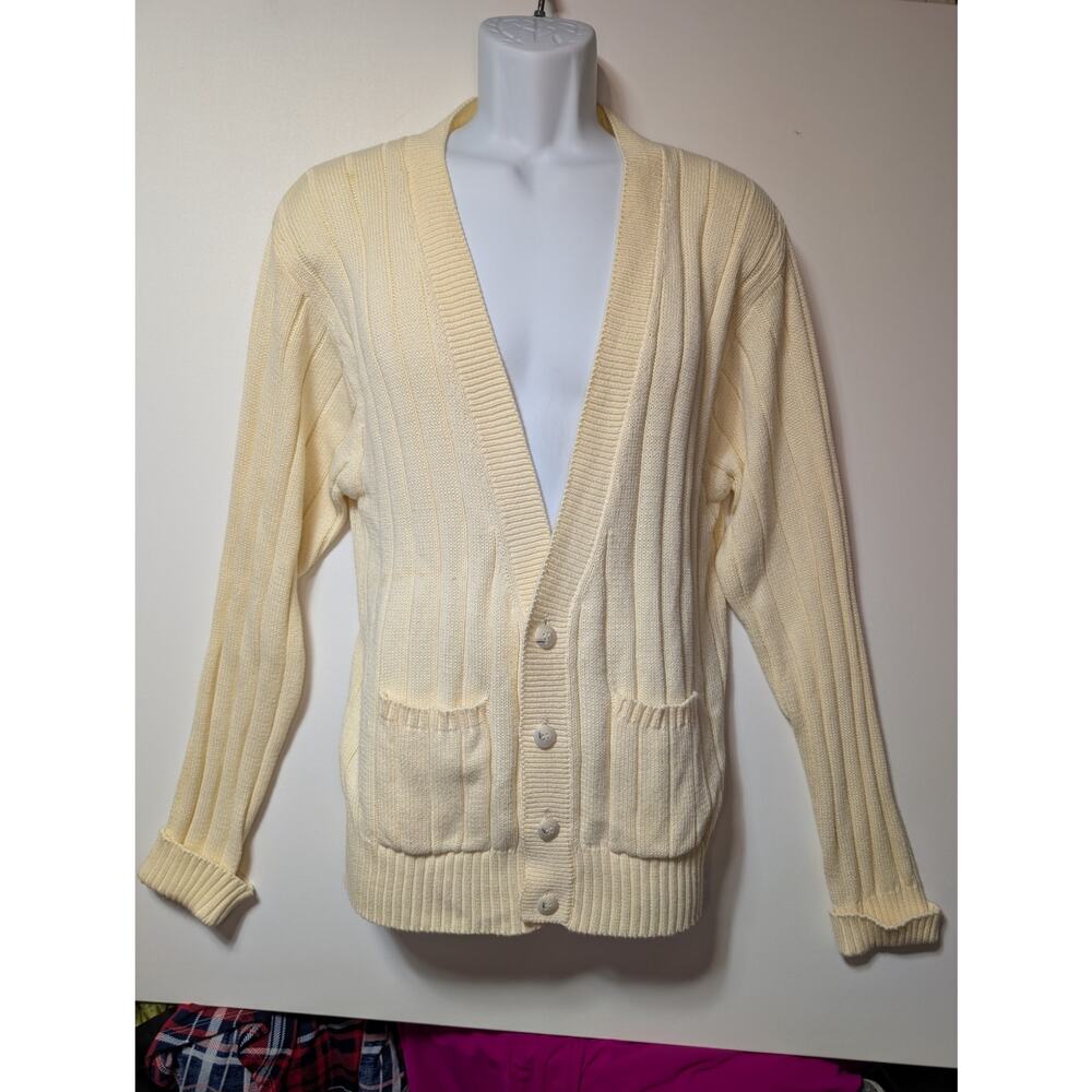 Vintage Boston Traders Cardigan Sweater Mens Medium Cream Cotton Grandpa Knit